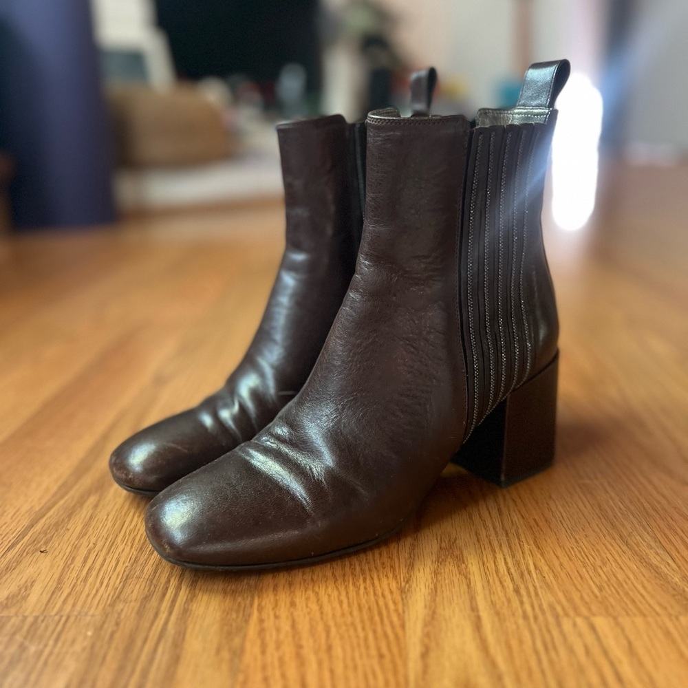 Brunello Cucinelli Chelsea Boots Block Heel Monili Shine Fall Dark Brown Sz 38